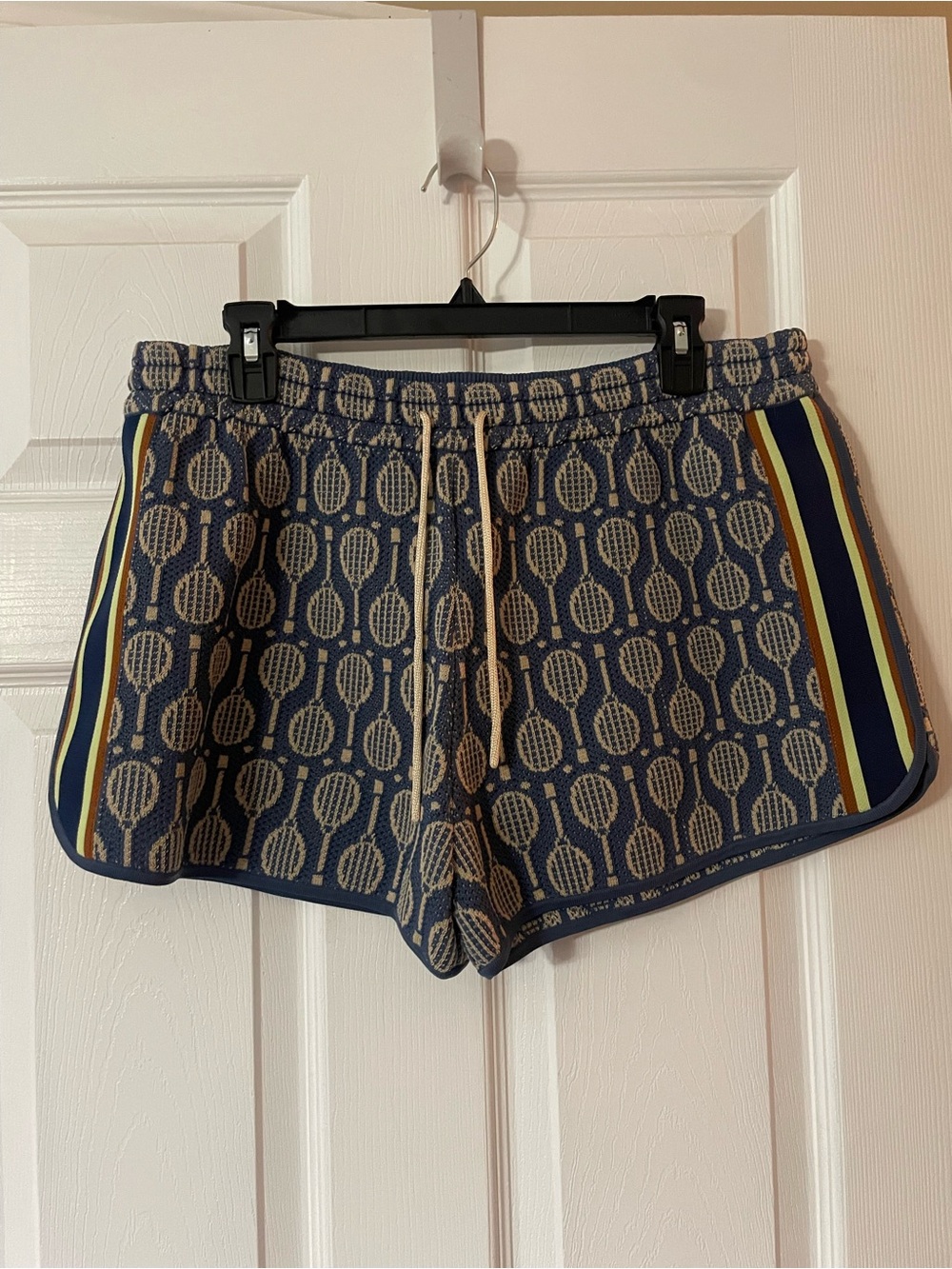 Tory Burch Navy and Beige Patterned Athletic Shorts with Side Stripes